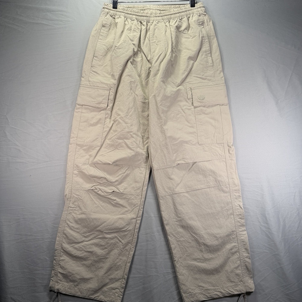 Adidas Windbreaker Cargo Pants Mens Medium Beige Swishy Ripstop Baggy Nylon